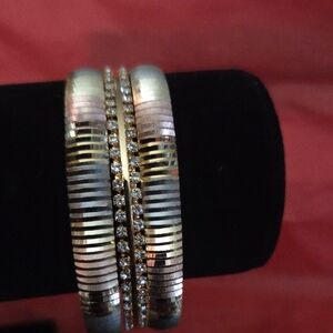 Elegant Tri Color and Rhinestone Bangle Stack